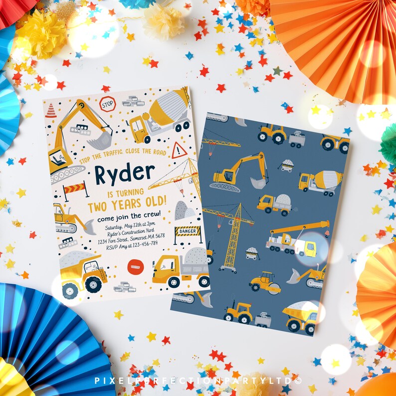 May include: Two rectangular party invitations featuring construction vehicle illustrations. One card is white with yellow trucks, cranes, and text reading Ryder is turning two years old. The other card has a blue background with a repeating pattern of trucks.