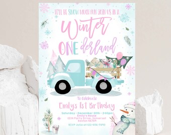 Winter ONEderland Invitation Winter 1st Birthday Invitation Rustic Pastel Blue Truck Winter ONEderland Party Instant Download Editable WT