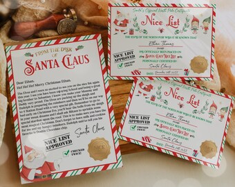 May include: A red and green striped border surrounds a printable Christmas certificate with a gold seal and the text "Nice List" in a green wreath. The certificate is for Ethan Thomas and states that he has been officially placed on Santa's Nice List.