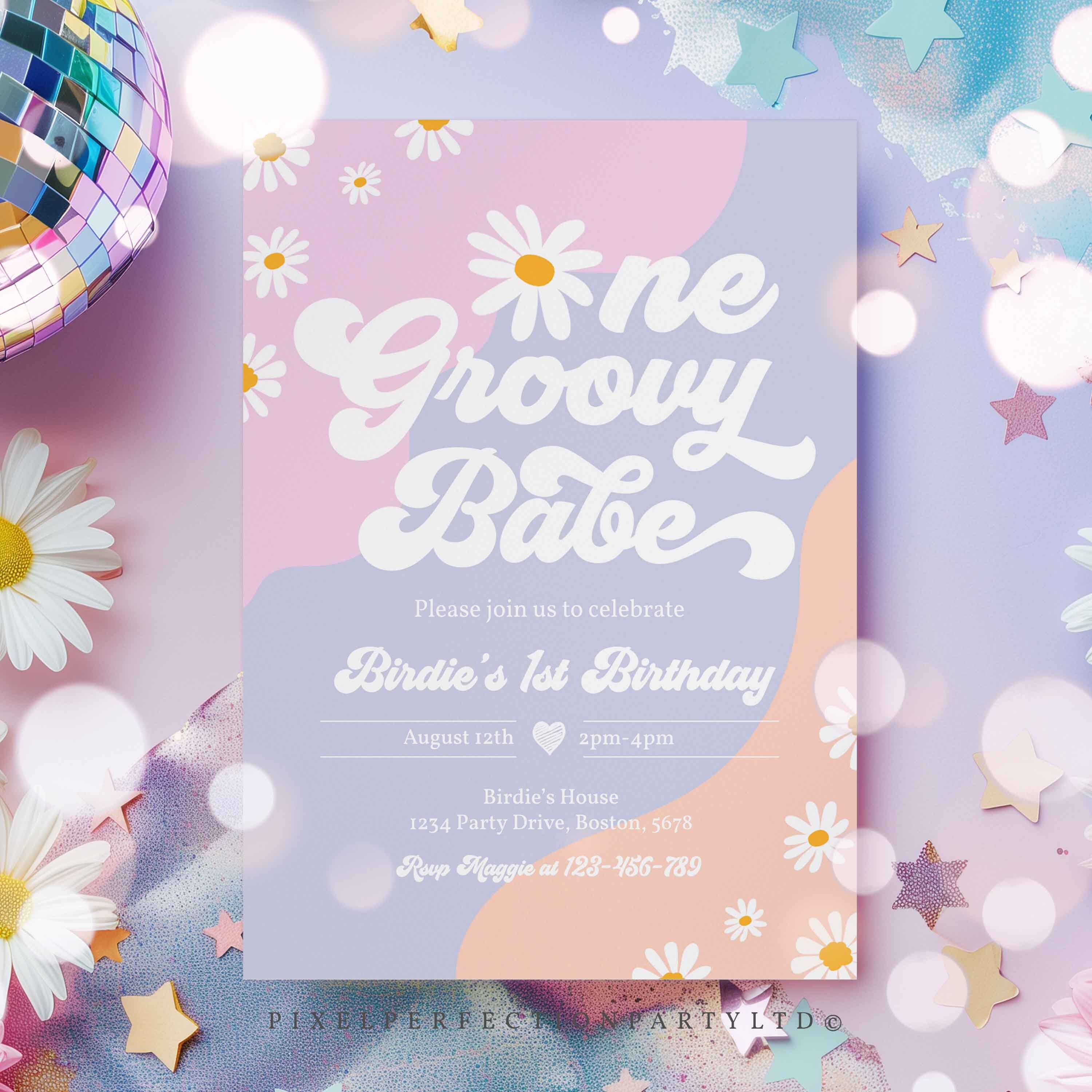 Editable One Groovy Baby 1st Birthday Party Invitation Boho Retro ...