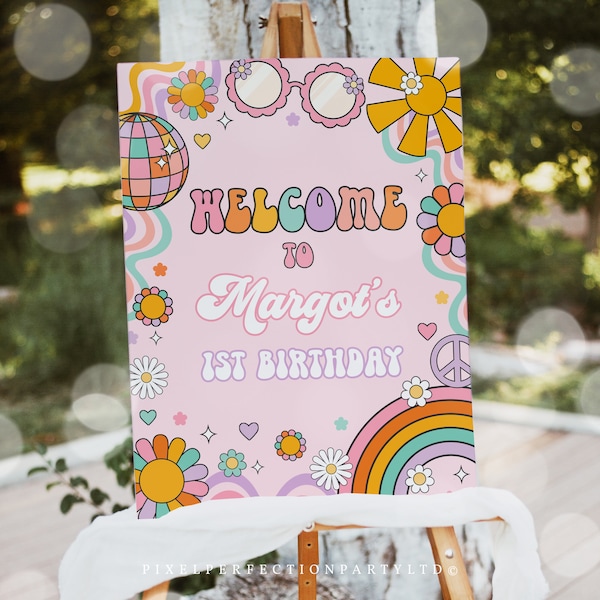 Editable Groovy Birthday Party Welcome Sign Peace Love Party Rainbow Hippie Groovy One Two Groovy Groovy Party Decor Instant Download D0