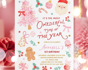 May include: A festive invitation for Annabell's 1st birthday, featuring a pink Christmas tree, Santa Claus, and various holiday-themed illustrations. The text reads "It's the most ONEDERFUL time of the year."