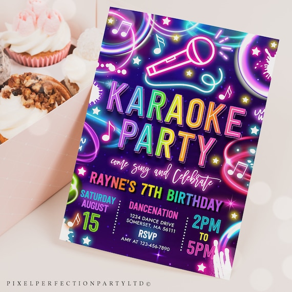 Editable Karaoke Birthday Party Invitation Neon Glow Karaoke Birthday