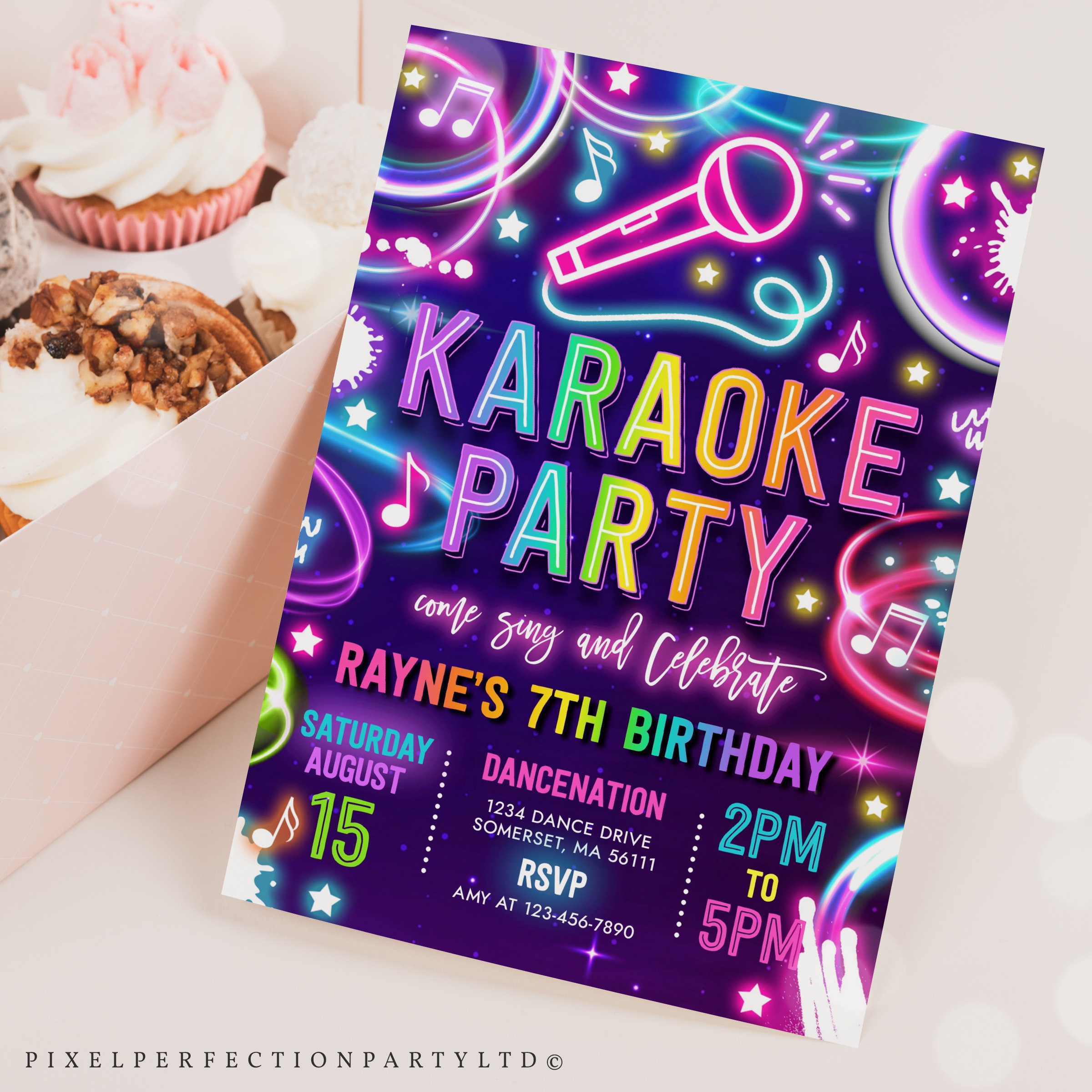 Editable Karaoke Birthday Party Invitation Neon Glow Karaoke