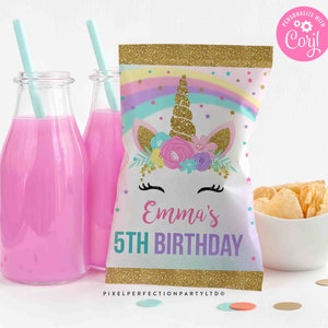 Editable Unicorn Chip Bag Magical Unicorn Birthday Party Chip Bag Favors Unicorn Party Favor Pink & Gold Unicorn Party Instant Download UP1