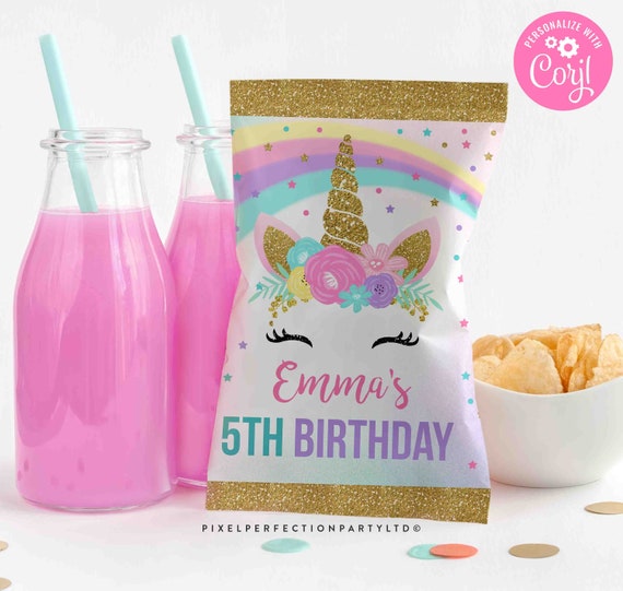 Editable Unicorn Chip Bag Magical Unicorn Birthday Party Chip Bag Favors Unicorn Party Favor Pink & Gold Unicorn Party Instant Download UP1 Il_570xn