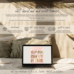 Pode incluir: Um colagens de primeiro anivers&aacute;rio imprim&iacute;vel rosa e branco com um design floral. O colagens apresenta uma foto de uma menina com o texto "One year of Zaylee Mae".