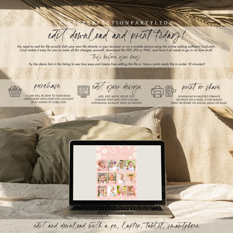 Pode incluir: Um colagens de primeiro anivers&aacute;rio imprim&iacute;vel rosa e branco com um design floral. O colagens apresenta uma foto de uma menina com o texto "One year of Zaylee Mae".