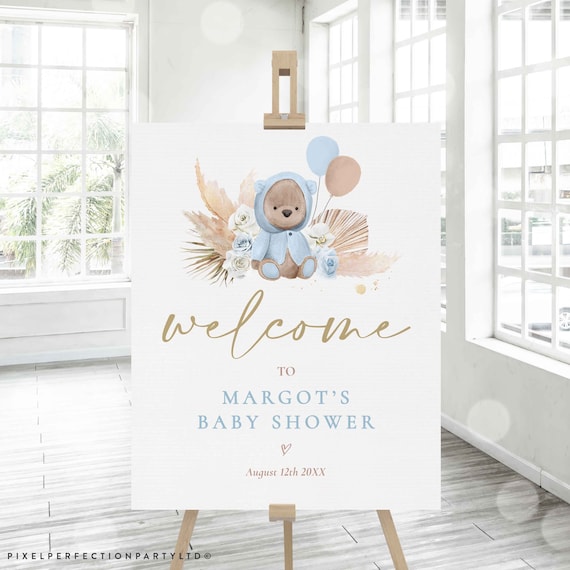 Editable Boho Teddy Bear Baby Shower Welcome Sign Bohemian Pampas Grass Boy Blue Boho Muted Tone Teddy Bear Baby Shower Instant Download KP Il_570xn
