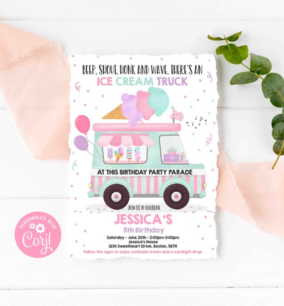 Editable Ice Cream Drive By Birthday Parade Invitation Ice Cream Drive Through Birthday Party Social Distancing Party Instant Download IC Il_570xn