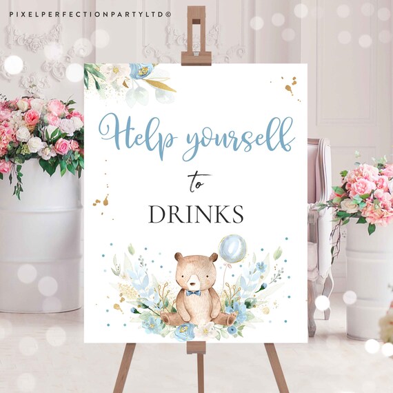 Teddy Bear Baby Shower Table Sign Help Yourself to Drink Sign We Can Bearly Wait Baby Shower Signs Blue Floral Boy Teddy Bear Baby Shower TB Il_570xn