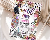 Editable Wild One Safari Animals Birthday Invitation Rainbow Cheetah Print Safari Birthday Party Invite Leopard Print Birthday Download OL Il_170x135