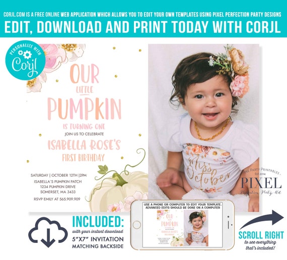 Pumpkin Invitation Our Little Pumpkin Birthday Invitation Blush Pink And Gold Pumpkin 1st Birthday Party Instant Download Corjl 27 Il_570xn