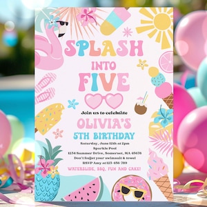 Editable Splash Into Five 5th Birthday Party Invitation Tropical Summer Splish Splash Girly Pool Birthday Party Instant Download 4RW