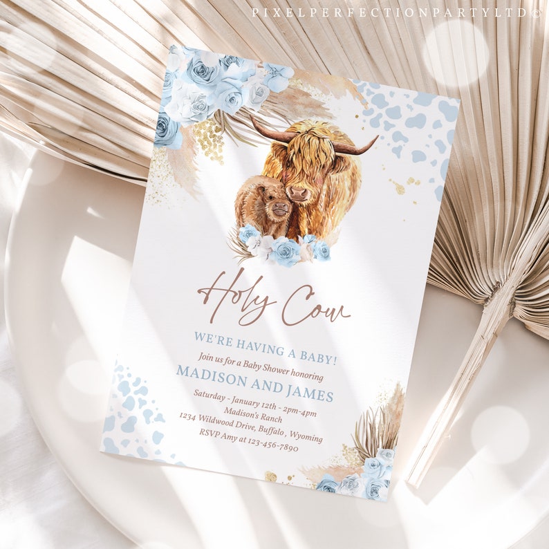 Editable Boho Cow Baby Shower Invitation Holy Cow Were Having A Baby Blue Pampas Grass Boy Highland Cow Baby Shower Instant