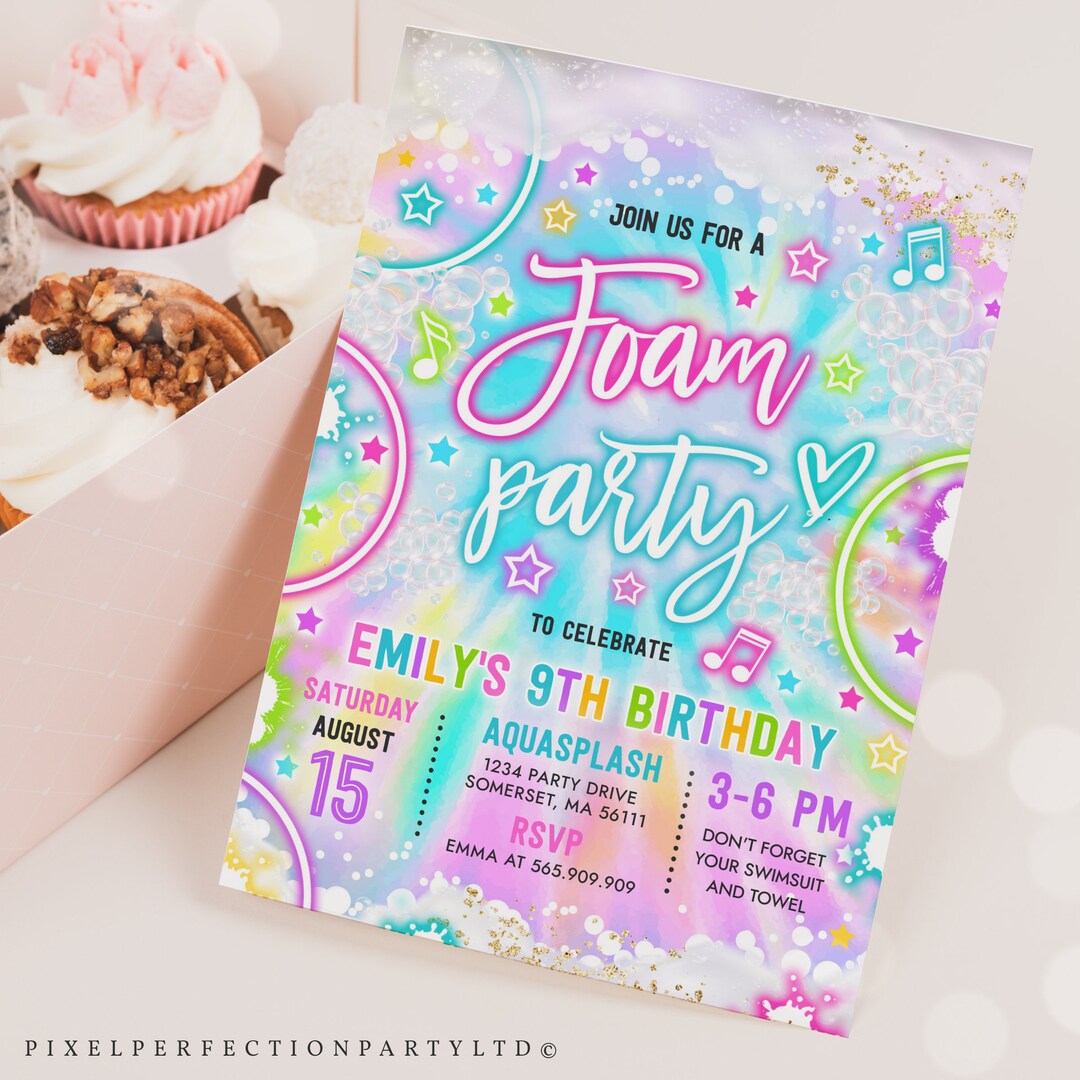 Editable Foam Birthday Party Invitation Tie Dye Foam Birthday Party