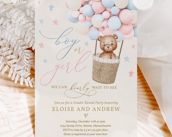 Editable Teddy Bear Hot Air Balloon Gender Reveal Invitation Girl Or Boy Blue Or Pink Teddy Bear Gender Reveal Party Instant Download V0