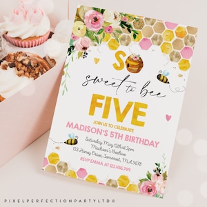 Editable Bee Birthday Invitation Honey Bee Birthday Party Pink Yellow Floral Bumble Bee Party So Sweet To Bee Five Party Instant Download BH image 1