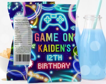 Editable Video Game Birthday Party Chip Bag Label Neon Gamer Birthday Game On Level Up Birthday Glow Gamer Party Decor Instant Download KN
