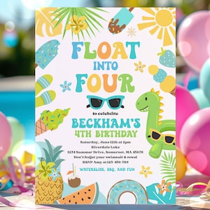 May include: A vibrant birthday invitation featuring the text "FLOAT INTO FOUR" and "BECKHAM'S 4TH BIRTHDAY". The design incorporates illustrations of ice cream, sunglasses, a dinosaur, and other summer-themed elements. The invitation also includes event details.