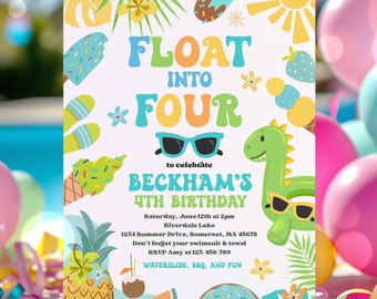 Editable Float Into Four 4th Birthday Pool Party Invitation Tropical Summer Splish Splash Girly Pool Party Invitation Instant Download 4RE
