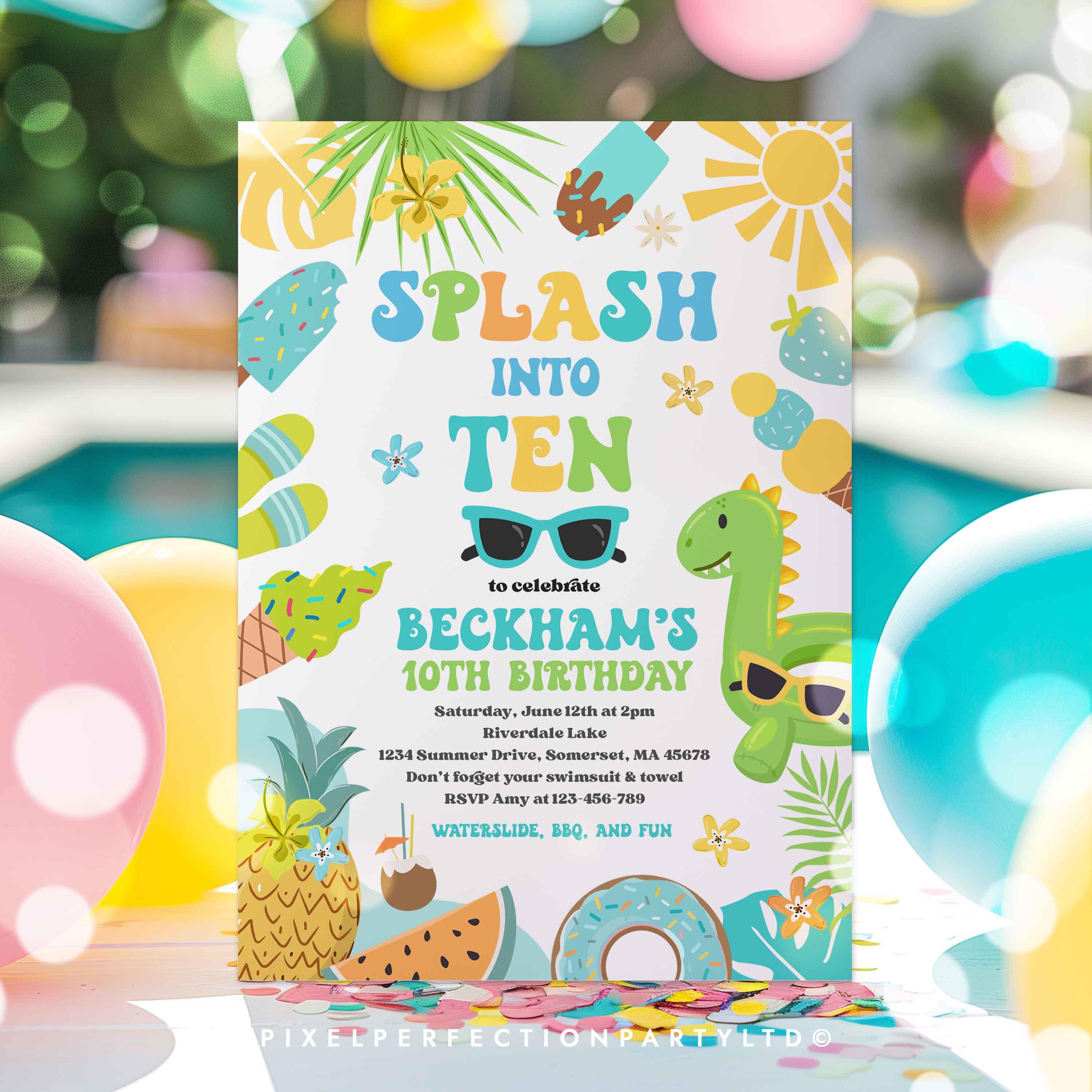 Editable Splash Into Ten 10th Birthday Pool Party Invitation Tropical ...