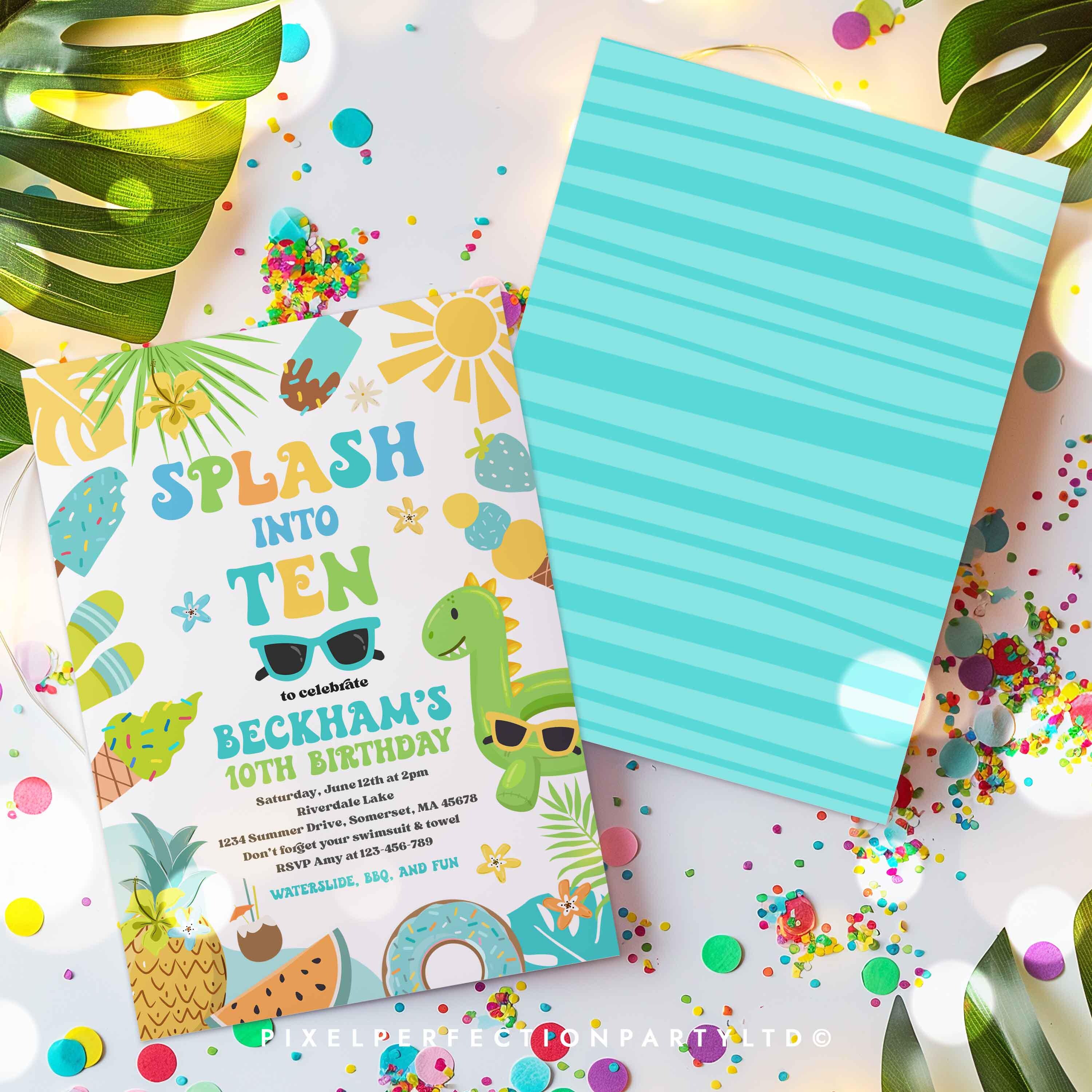 Editable Splash Into Ten 10th Birthday Pool Party Invitation Tropical ...