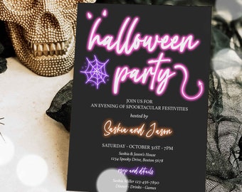 May include: A black and white Halloween party invitation with neon pink text that reads "halloween party". The invitation includes a purple spider web graphic and a devil tail. The text also includes the hosts' names, Saskia and Jason, the date and time of the party, and the address. The invitation also includes the text "RSVP and details" and a phone number.