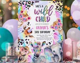 Editable Wild Child Safari Animals Birthday Invitation Pastel Rainbow Cheetah Print Leopard Print Safari Birthday Party Invite Download XQ