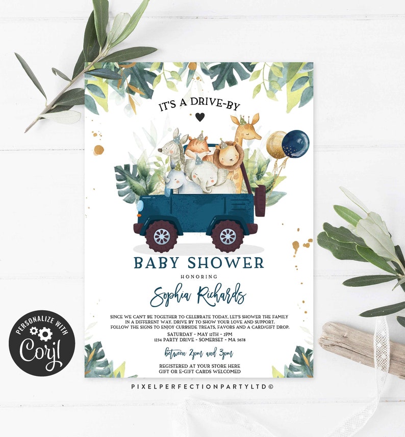 Editable Safari Drive By Baby Shower Invitation Navy And Gold Etsy
