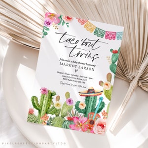 Editable Taco 'Bout Twins Baby Shower Invitation Taco Twin Baby Shower Invitation Taco Fiesta Cactus Baby Shower Instant Download GE