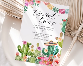 May include: A baby shower invitation with a cactus and floral design. The invitation says "Taco 'bout Twins" and includes the name Margot Larson. The invitation also includes the date, time, and location of the shower.