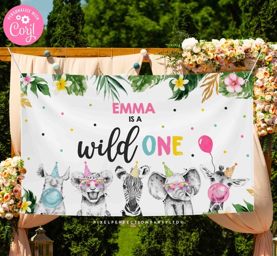 Editable Digital Download Safari Animal Wild One Backdrop Pink And Gold Monochrome Safari Animal Banner Welcome Sign Instant Download PS Il_570xn