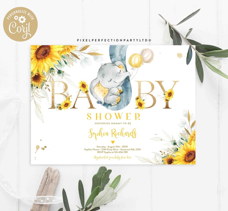 Editable Sunflower Elephant Baby Shower Invitation Greenery Etsy