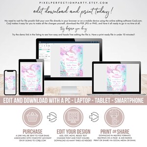 May include: Editable digital invitation for a baby shower with a mermaid theme. The invitation features a pink and blue mermaid with a crown and a seashell. The text on the invitation reads "Little Mermaid".