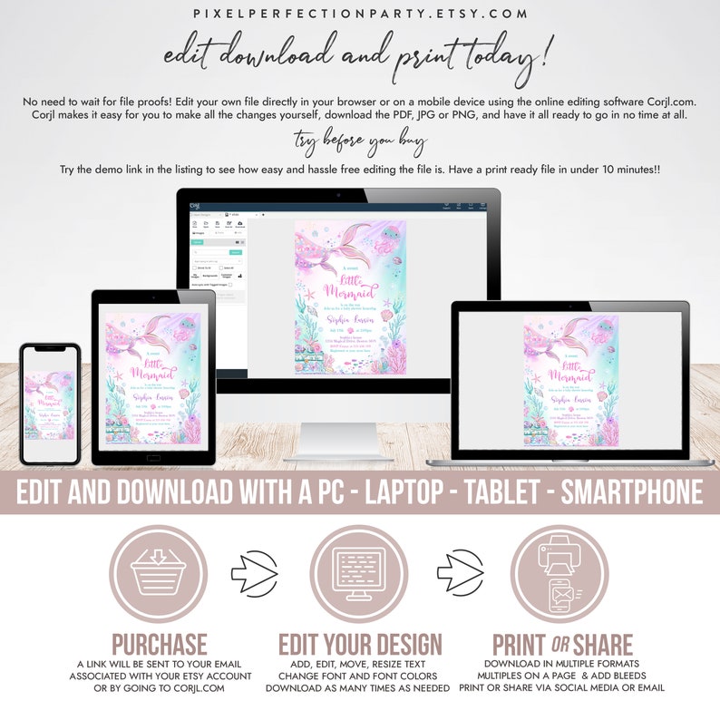 May include: Editable digital invitation for a baby shower with a mermaid theme. The invitation features a pink and blue mermaid with a crown and a seashell. The text on the invitation reads "Little Mermaid".