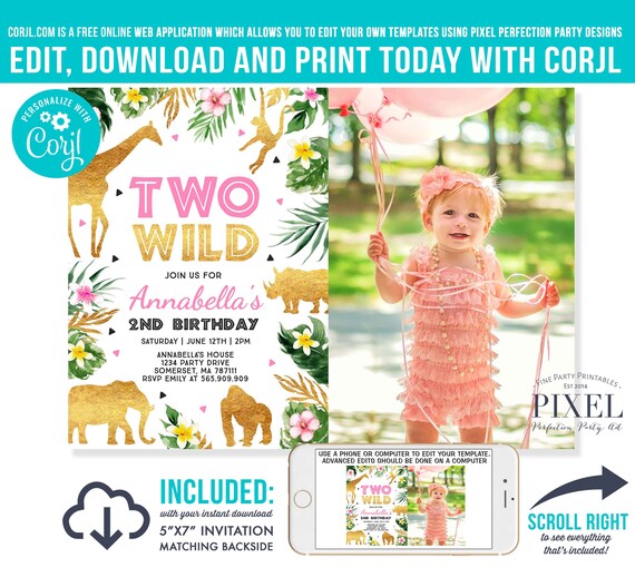 Two Wild Birthday Invitation Pink & Gold Jungle Animals Invitation Two Wild 2nd Birthday Party Instant Download Editable PDF File F1 Il_570xn