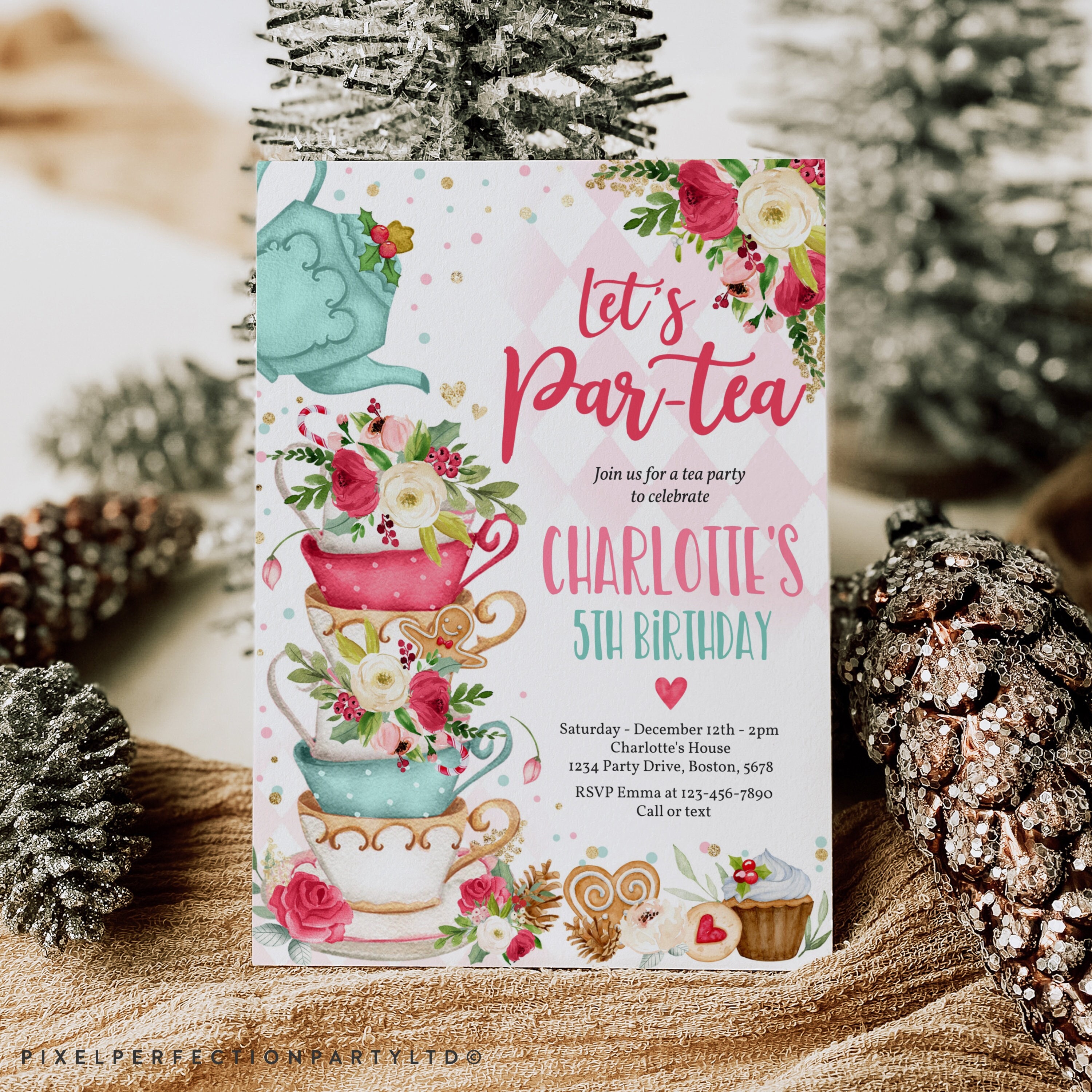 editable christmas tea party birthday party invitation pink red