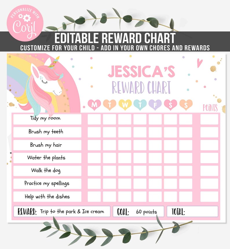 editable unicorn reward chart unicorn kids chore chart