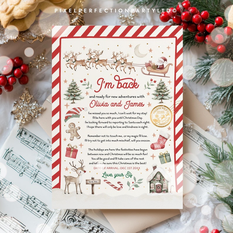 May include: Christmas-themed invitation with Santa's sleigh, reindeer, and festive illustrations. The text reads "I'm back" with a personalized message for Olivia and James, and includes a date of arrival. The design features red and white stripes.