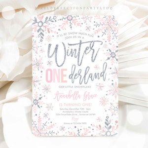Editable WINTER ONEderland Invitation Pink And Silver Snowflakes Winter ONEderland Invitation Winter 1st Birthday Party Instant Download H0
