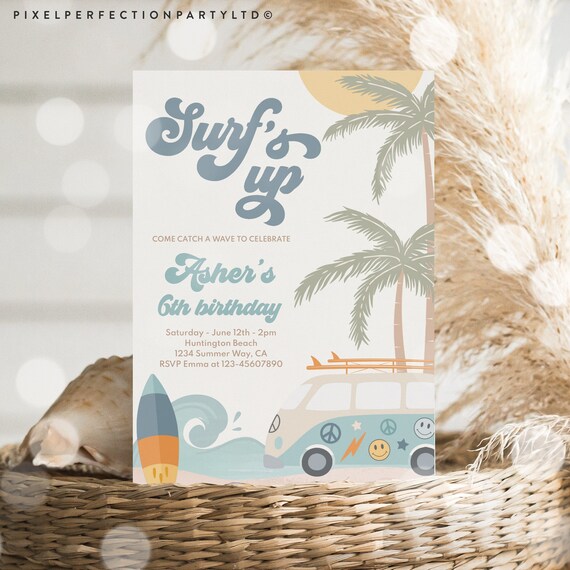 Editable Surf Birthday Party Invitation Retro Boy Surf Party Surf Van ...