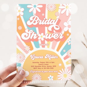 Editable Retro Bridal Shower Invitation Retro Bohemian Hippie Vibes Daisy 70s Flower Power Bridal Shower Invitation Instant Download 4R6 画像 2