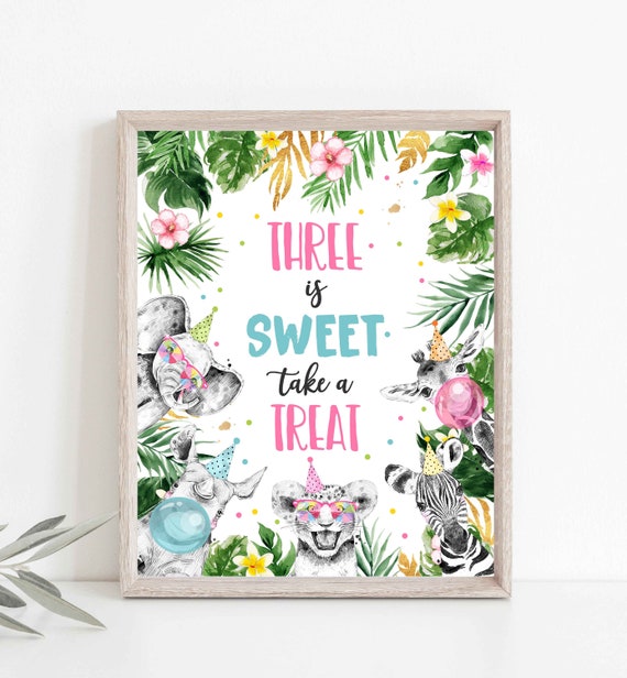 Three is Sweet Safari Birthday Sign Party 3rd Birthday Sign Wild One Birthday Party Decor Safari Animals Favor Sign Instant Download Sign PS Il_570xn
