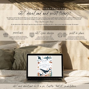 May include: A digital invitation for a 1st birthday party with an under the sea theme. The invitation features a blue whale, a shark, a jellyfish, and a sea turtle. The text on the invitation reads "Oneder Sea" and "Sebastian's 1st Birthday".