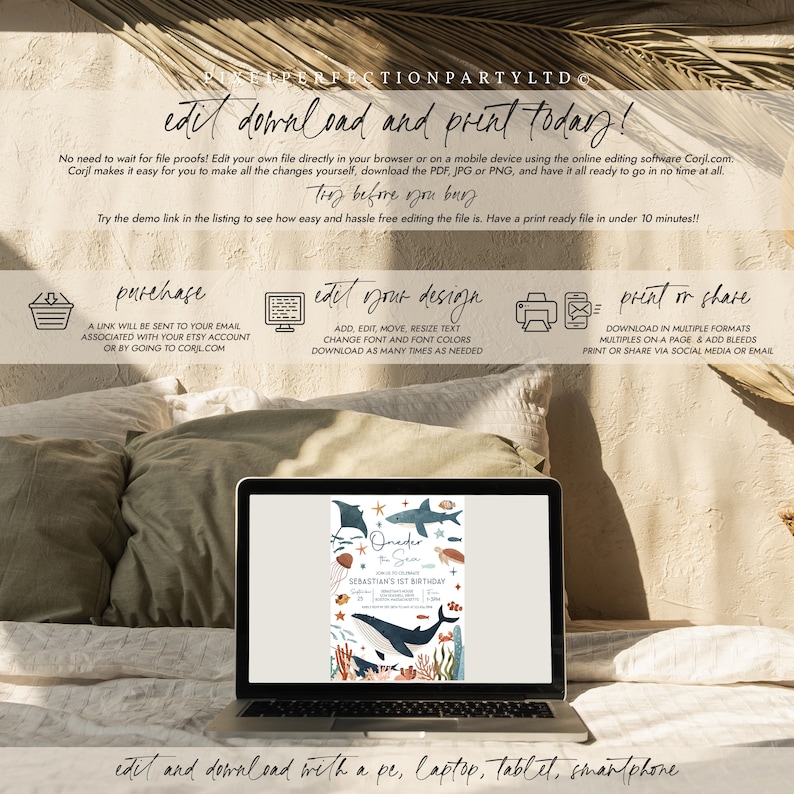 May include: A digital invitation for a 1st birthday party with an under the sea theme. The invitation features a blue whale, a shark, a jellyfish, and a sea turtle. The text on the invitation reads "Oneder Sea" and "Sebastian's 1st Birthday".