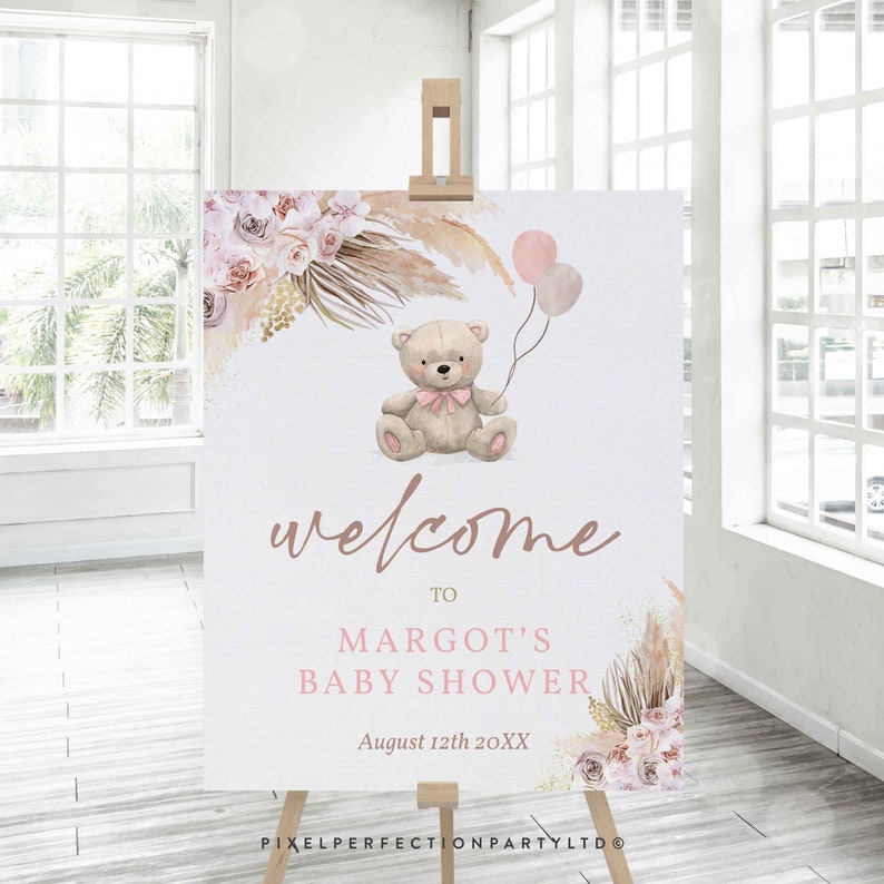 Editable Boho Teddy Bear Baby Shower Welcome Sign Bohemian - Etsy Singapore