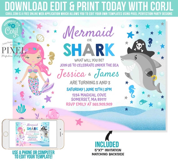 Mermaid And Shark Invitation Mermaid Or Shark Birthday Invite Sibling Girl Boy Birthday Mermaid Shark Party Instant Download Editable PDF K6 Il_570xn