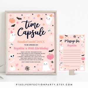 Editable Pink Halloween Ghost Time Capsule + Matching Note Card Pink Ghost Spooky One Spooktacular Halloween Birthday Instant Download DS