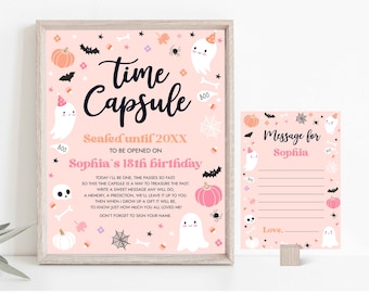Editable Pink Halloween Ghost Time Capsule + Matching Note Card Pink Ghost Spooky One Spooktacular Halloween Birthday Instant Download DS